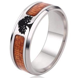 8mm Mens Stainless Steel Wedding Bands. Etched Tree of Life Icon and Wood Inlay
